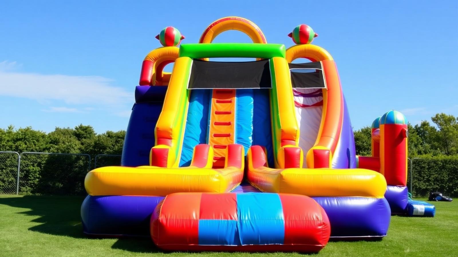 Double lane inflatable water slide set up on a lawn