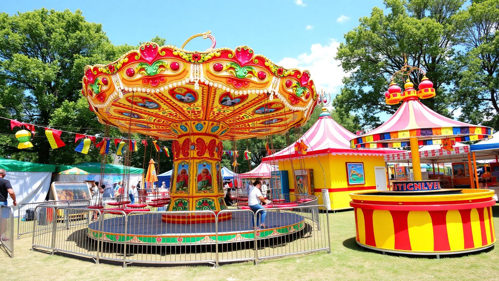 Carnival swing ride and game booths at an outdoor event